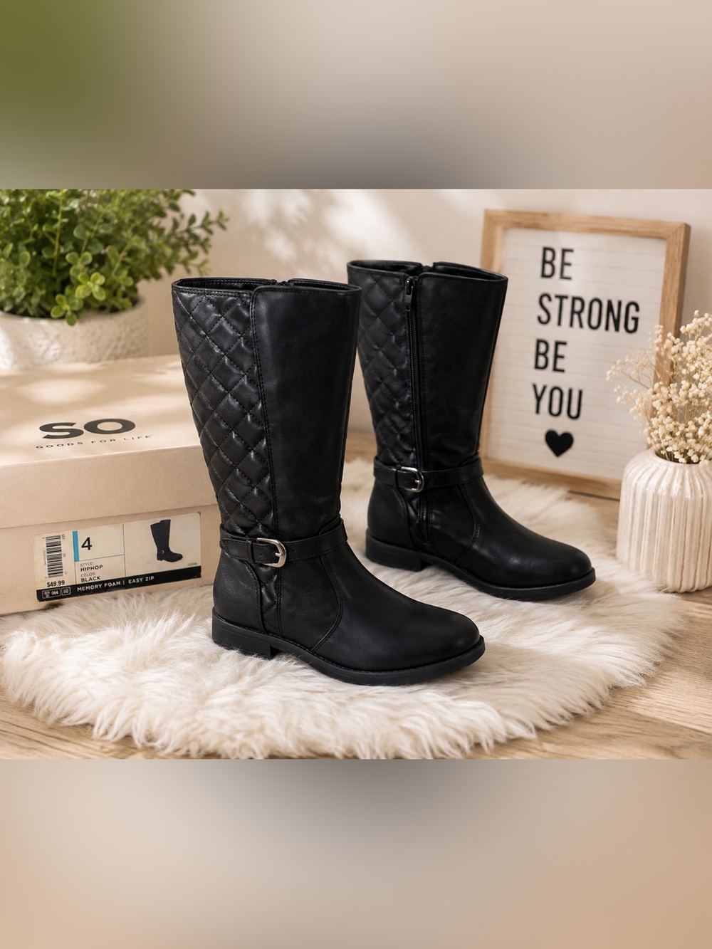 NIB SO Girls Black Quilted Hip Hop Riding Boots Size 4